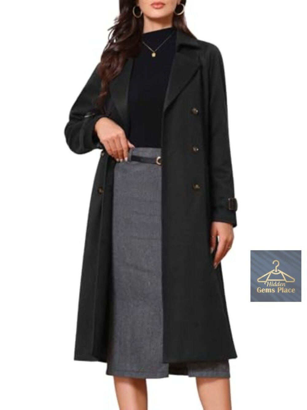 Women's Double Breasted Long Trench Coat Polyester Blend Pea Coat